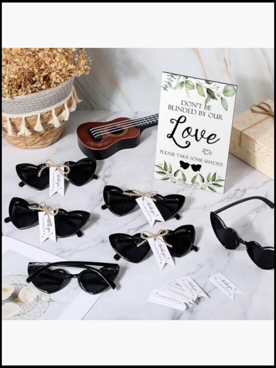 50 Heart Sunglasses Wedding Favors Set with Wooden Sign & Thank You Cards